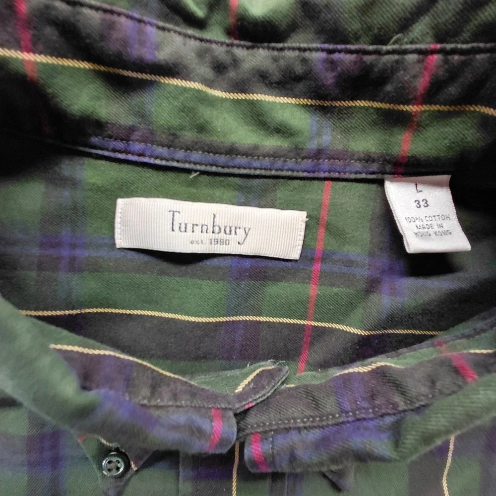 Turnbury Shirt Mens LARGE 33 Dark Green Plaid Long Sleeve Button Up Collar